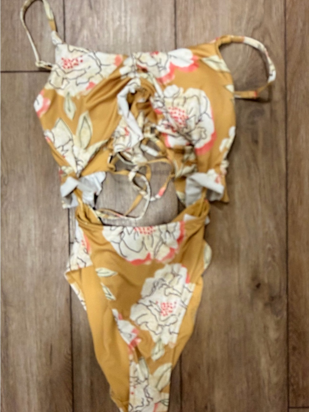 Joyfolie Mustard Yellow Floral Cutout One-Piece 0345
